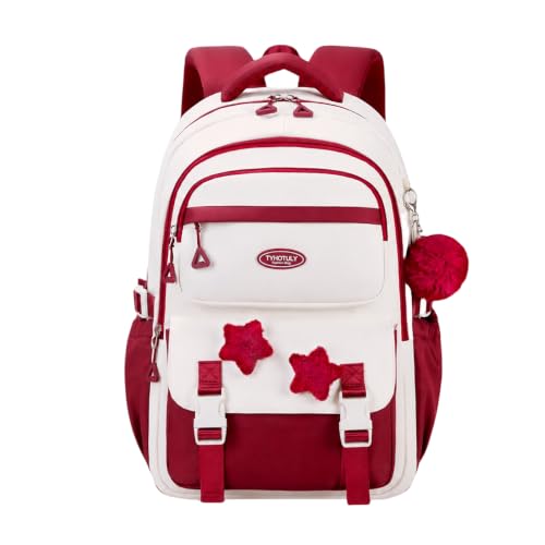 TYHOTULY Linda mochila feminina kawaii grande capacidade para laptop universitário mochila para livros de viagem com alfinetes de estrela peluda (bordô)