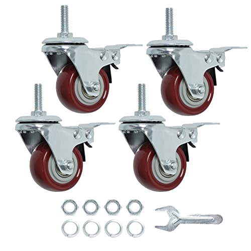 Finnhomy Swivel Caster Wheels 2 Inch Heavy Duty Threaded Stem Casters 1/4" - 20 x 1" with Brake Set of 4 for Wire Shelves Wheels PU Load Bearing 800 Lbs Anti-wear Smooth Casters, Red