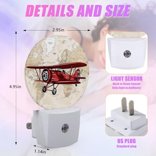 Image of Vintage Airplane Night Light World Map Night Lights LED Lamp Round Plug into Wall Nightlight with Dusk to Dawn Sensor Home Hallway Stairway Kitchen Decor
