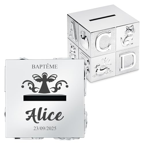 Maverton Tirelire Personnalisée en Forme de Cube - Tirelire Enfant avec Animaux et Lettres - Boite d'épargne Argentée avec Gravure - Urne Anniversaire pour Filles...