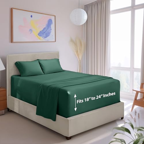 Image of Hearth & Harbor Extra Deep Pocket Full Size Sheets - 4 Piece Hotel Luxury Full Size Sheet Set Fits Up to 24 inch Mattress - Ultra Soft Luxury Bed Sheet Set - Full, Forest Green | 4 Piece Bed Sheet Set, Ultra Soft & Breathable, Fits Up to 24 inch Mattress, Hotel Luxury