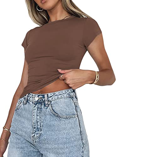 Damen Basic Kurzarm Crop Top Casual Y2K Rundhalsausschnitt Tops Slim Fit Tshirts Influencer Top Shirt(Braun-012,M)