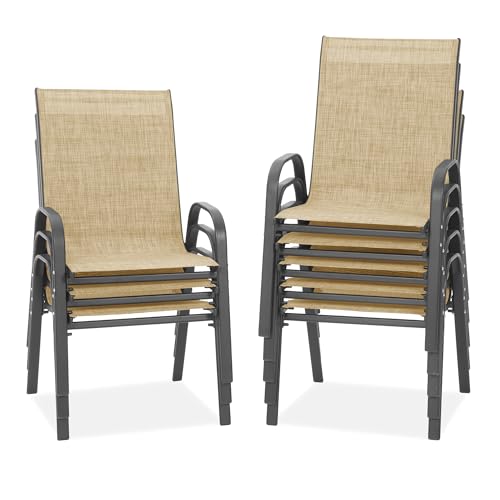 Image of PIZZELLO Patio Chairs Set of 8, Outdoor Stackable Dining Chairs for All Weather, Lightweight Textilene Outdoor Chair Sets with Armrests, 330Lbs Capacity, for Backyard Porch Poolside Garden (Khaki)