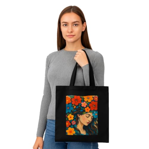 Image of Black Tote Bag With Pocket Printed Designed Canvas Tote Bags For Women large capacity,Tote bag For Shopping, College, Travel, More Canvas Handbag For Unisex Bag