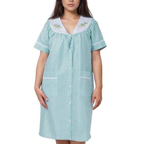 Image of Women's Short Sleeve Woven Snap-Front Closure Striped Embroidery Housecoat Duster Nightgown with Front Pockets