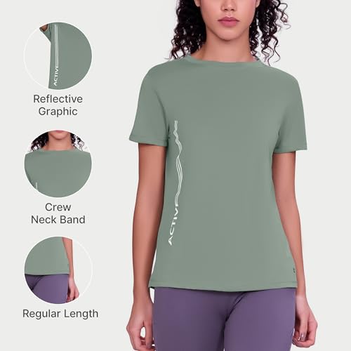 Image of Enamor Short Sleeve Crew Neck Regular Length Basic Dry Fit Workout Crew T-Shirt for Women - Relaxed Fit, Quick Dry, Antimicrobial - A309
