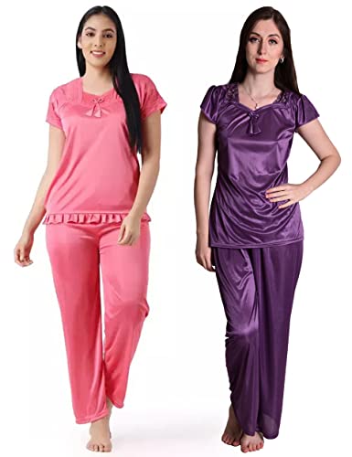Women's Combo Solid Satin Night Suit Set Nightdress Sleepwear and...