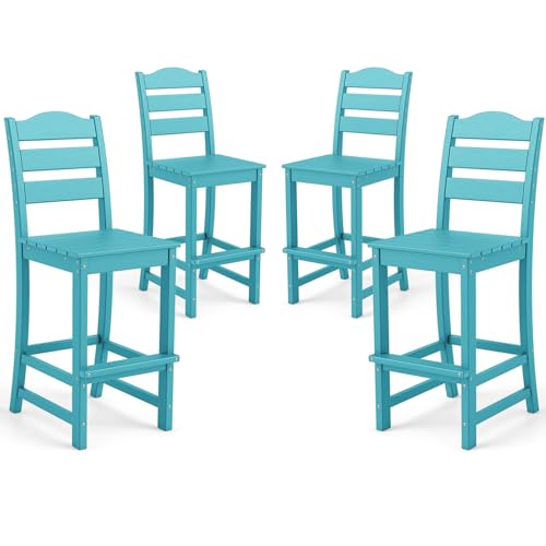 Image of Tangkula Patio HDPE Barstool, Outdoor High Top Bar Chair w /Backrest & Footrest, All-Weather Wood-Plastic Bar Height Chair for Poolside, Backyard, Porch (4, Turquoise)