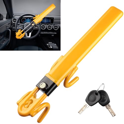 NOEAIKE Steering Wheel Lock,Heavy Duty Anti-theft Car Device with Double Hooks Design for Enhanced Vehicle Protection,Adjustable Length Locking with 2 Keys Universal Fit (Yellow)