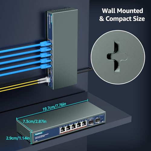 Image of 7 Port 2.5G Unmanaged Ethernet Switch, 5 x 2.5G Base-T Ports, 2 x 10G SFP, Compatible with 100 /1000 /2500Mbps, VLAN, Fanless, Desktop /Wall Mount YuanLey 2.5Gbe Network Switch for Wireless AP, NAS, PC
