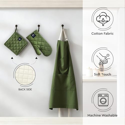 Image of Encasa XO 100% Cotton Apron Set for Women & Men with Adjustable Apron, Oven Gloves & Pot Holder (Pack of 3) Combo, Heat-Resistant, Soft & Durable for Cooking, Baking & Grilling (Leaf Green)