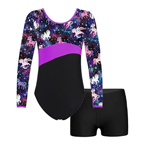 Nyeemya Kids Yoga Gymnastics Long Sleeve One Piece Leotard and Sport Shorts Dancewear Sets for Girls Purple&Black 7-8 Years Cover