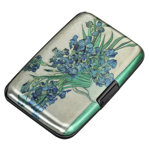 Image of ELFISH Mini RFID Aluminum Wallet Credit Cards Holder Business Card Case Metal ID Case for Men Women, Iris Flower 2#, 4.33 x 2.95 x 0.75 inches, Compact