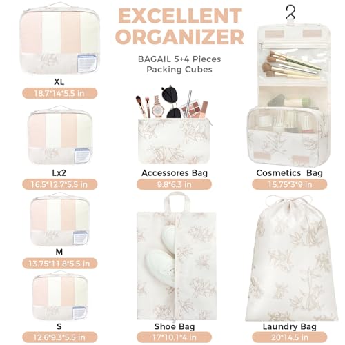 Image of BAGAIL 9 Set Packing Cubes with Packing List Luggage Packing Organizers for Travel Accessories (Pink floral)