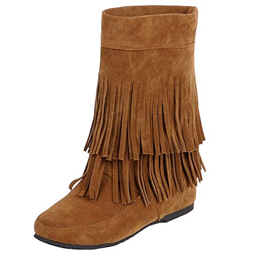 Caradise Womens Faux Suede 2 Layer Tassel Fringe Ankle Boots Flat Mid Calf Boots3
