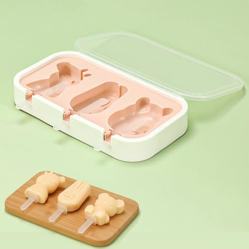 Image of 3 Cartoon Shape Cavity Non-Stick Silicone Ice Cream Mould with Lid & 6 Plastic Sticks Reusable Ice Lolly, Frozen Candy, Kulfi Molds, BPA-Free Stackable DIY Icecream Popsicle Maker (Multicolor)