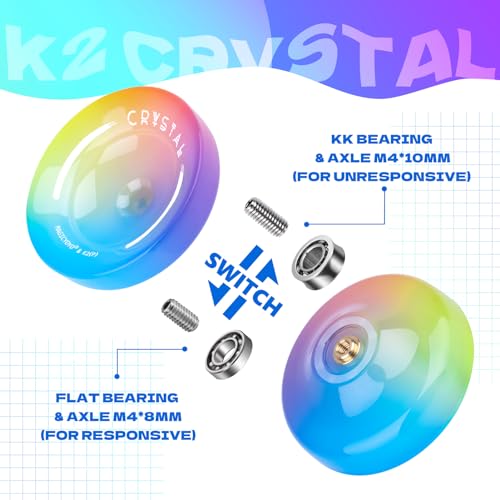 responsive yoyo for kids beginners professional yo yo crystal k2 dual purpose yo-yo for adults  extra unresponsive yo yo bearing  12 yoyo strings  storage bag  yellow pink blue gradient