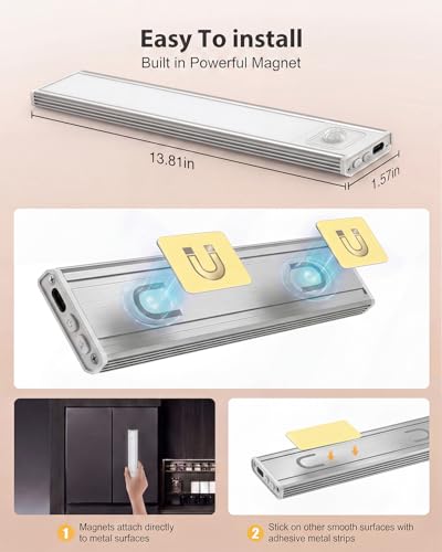 Image of Abovizo 2 Pack Under Cabinet Lighting, 3 Color Temps, Battery Operated Motion Sensor Light Indoor, Dimmable Under Counter Lights for Kitchen Stairs Closet Pantry