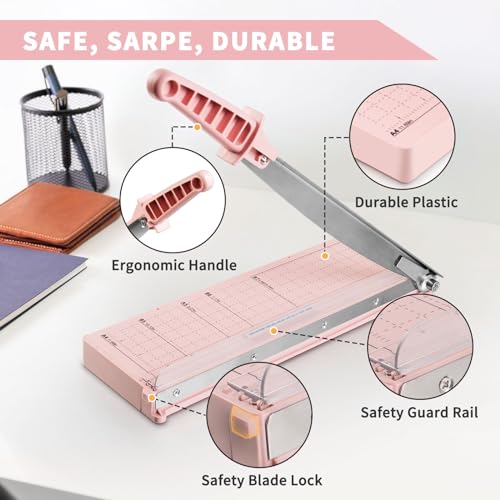Image of MAKEASY Paper Cutter 12 Inch, Guillotine Paper Cutter with 8 Sheet Capacity, Heavy Duty Paper Cutter for Cardstock, Paper Trimmer for Crafting, Classroom and Office, Pink