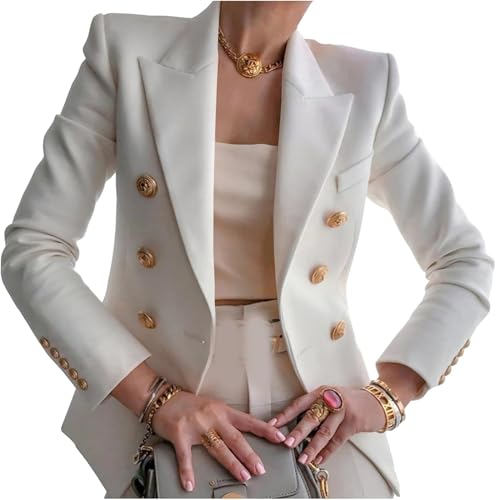 Womens Double Breasted Notch Lapel Blazer Open Front Gold Button Jacket Solid Color Casual Suits with Pockets