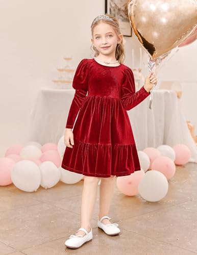 Arshiner Toddler Velvet Dress Girls Puff Long Sleeves Crew Neck Party Fall Winter Ruffle Dresses with Pockets 2-8Y2