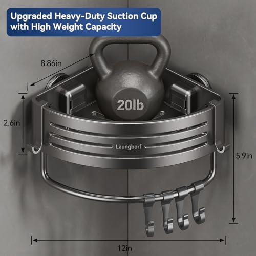 Corner Shower Caddy Suction Cup, Gray (2 Pack) | Rustproof aluminum shelf with towel bar & hooks. No-drill removable wall storage. Strong suction