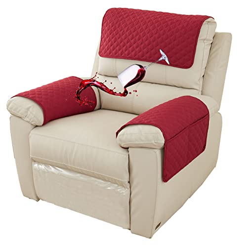 Waterproof Armchair Arm Cover 1 2 3 Seater Headrest Cover for Recliner Chair Anti-Slip Armchair Slipcover with Pockets Organiser Sofa Chair Arm Protector F for Dog, Cat, Pets (Red,1 Seat 3 pc)