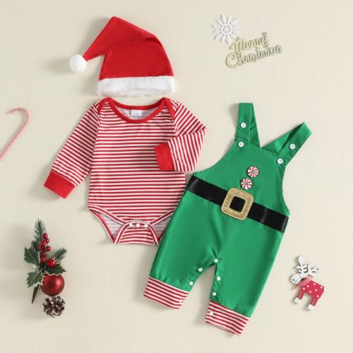 Image of Baby Boy Christmas Outfit Elf Newborn Romper Pants Set With Hat | Long Sleeve Bodysuit, Striped Romper Overalls Set, Baby Boy Elf Outfit, Fall Winter Clothes With Hat, My First Christmas.