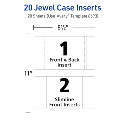 Image of Avery Printable CD Jewel Case Inserts, Matte White, Laser & Inkjet Printer Compatible, 20 Standard and Slimline Inserts, Ideal for CDs, DVDs, Presentations, Portfolios, and More (8693)