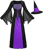 Witch Dress for Women, Medieval Vintage Wicked Witch Halloween Costume Gothic Sorceress Cosplay Long Dresses (Purple, Small)