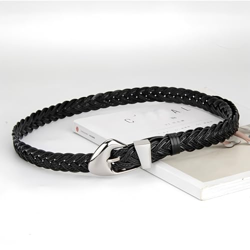Women's Braided Belt Skinny Casual Leather Hand-Woven Belt for Jeans Pants with Silver Buckle2