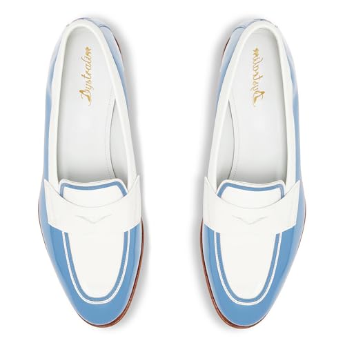 Image of Women Patent Slip On Loafer Flats Two Tone Round Toe Flat Heel Penny Loafers Casual 1 inch Low Heel Loafer Dress Shoes Oxford Comfort Chic Colorblock Office Ladies 4-11 M US