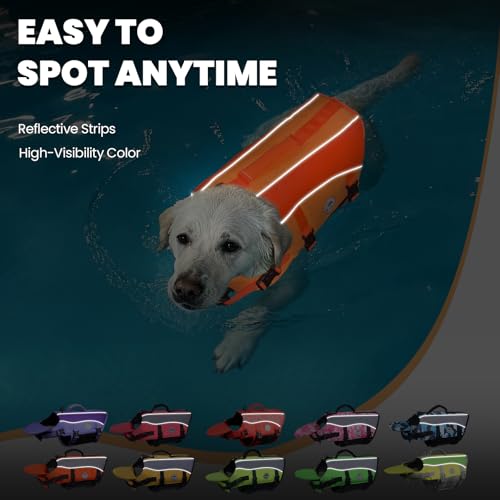 Image of VIVAGLORY Dog Life Vest Front Float Dog Swim Vest, M, Dark Orange | Life Jacket with Chin Float & Handle for Swimming & Boating, High Visibility Adjustable for Doggy Cat Puppy