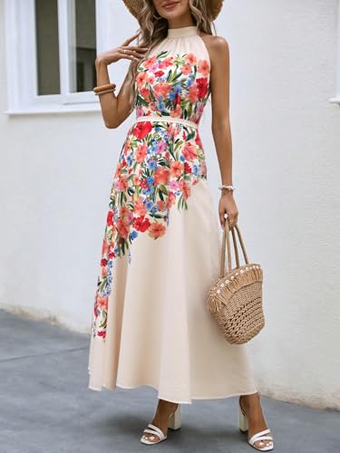 Women’s Floral Maxi Dress Casual A-Line Halter Neck Sleeveless Flowy Vacation Wedding Guest Long Dresses with Belt 20252