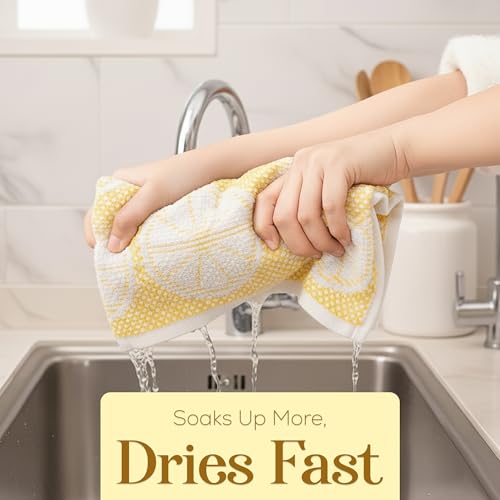 Image of Kitchen Towels Set of 4 Premium Hand Towels 18 x 28 Inch Large Tea Towels for Drying & Decor - Soft, Absorbent Cotton Yellow Ribbed and Lemon Citrus Weave Cute Hand Towels - Housewarming Gift
