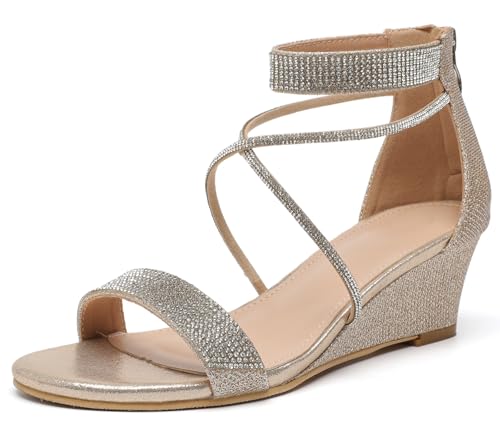 DADAWEN Women's Open Toe Ankle Strap Glitter Rhinestones Low Wedge Sandals Party Wedding Dress Pumps Shoes Gold US Size 10