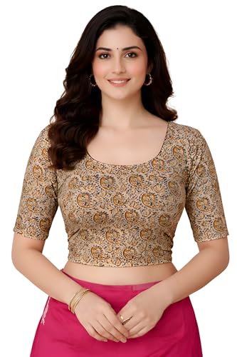 Image of Amazon Brand - Anarva Women's Kalamkari Print Cotton Stretchable Round Neck Readymade Saree Blouse
