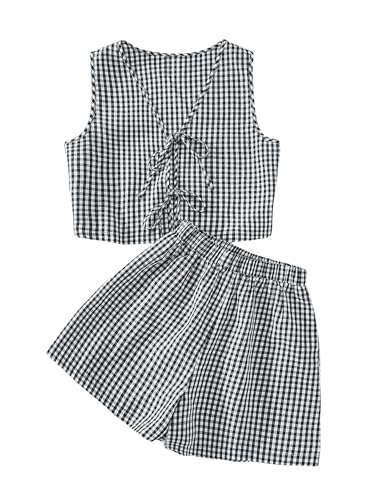 SOLY HUX Womens Summer 2 Piece Outfits Plaid Print Sleeveless Tie Front Tank Top Vest Shorts Beach Vacation Set Black and White Small
