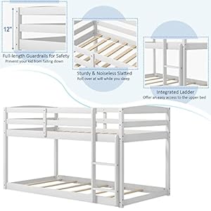 Giantex Twin Low Bunk Bed, Solid Wood Twin Over Twin Bunk Bed Frame with Full Guardrails & Integrated Ladder, Floor Twin Bunk Beds for Kids Boys and Girls, No Box Spring Needed, White Giantex Twin Low Bunk Bed Solid Wood Twin Over Twin Bunk Bed Frame with Full Guardrails Integrated Ladder Floor Twin Bunk Beds for Kids Boys and Girls No Box Spring Needed White