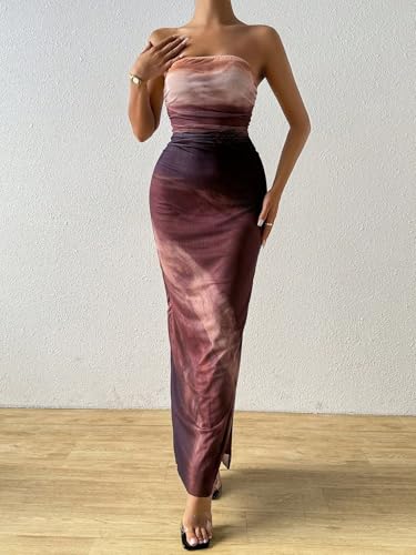 Image of LIGHT DOT Women's Summer Maxi Dress Tie Dye Strapless Tube Bodycon Side Slit Mesh Layered
