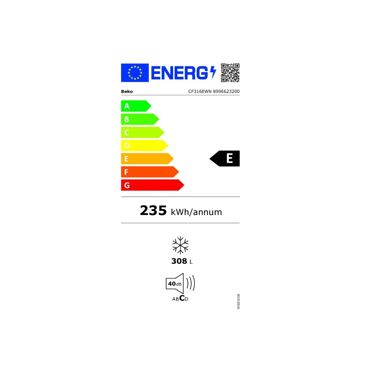 Beko CF316EWN - Congelador, 308 L, 1 cesta de congelación, alarma de temperatura, ruedas de transporte, sistema de visualización LED, 40 dB (A), color blanco