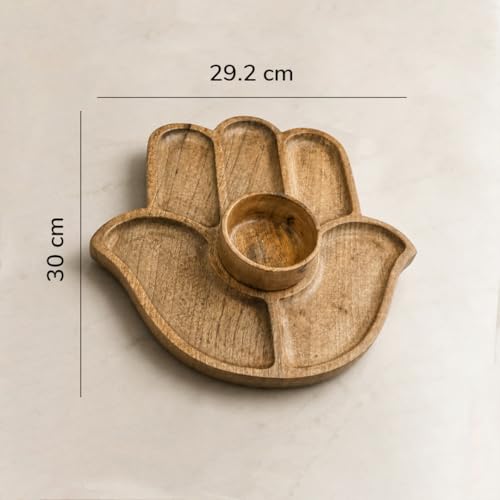Image of The Earth Store Wooden Hand Platter with Bowl (11 Inch) - Snack Serving Tray for Fruits, Snacks, Desserts & Finger Food