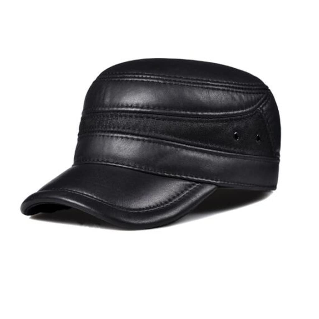 Cappelli Primavera Inverno Pelle Nero Berretto da Baseball Piatto da Uomo Regolabile Taglia Esterno Caldo Fibbia sul Retro, DL 55 56cm,D-L 55 56cm