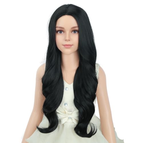 Image of PATTNIUM Child Kids Black Wig Long Wavy Black Wig for Kids Girls Long Synthetic Wig with Wig Cap