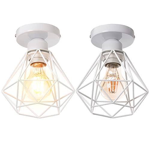 STOEX Plafonnier industrielle vintage design rétro cage en métal fer forge, Suspension luminaire E27 lampe de plafond diamant Ø16cm (2pcs Blanc)