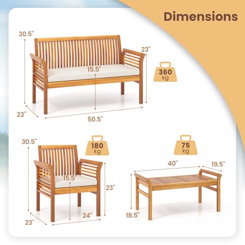 Toolsempire 4 Piece Patio Furniture Set, Acacia Wood Sofa Set with Rectangular Coffee Table & Soft Seat Cushions, Outdoor Conversation Set for Garden, Backyard & Poolside - Thumbnail 6