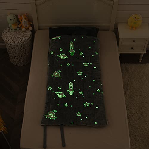Suchdeco Gray Sleeping Bag For Kids Padded Nap Mat 63" X 29" With Glow In The Dark Stars Rocket Space Soft Plush Slumber Bag For Toddler, Boys, Girls Sleepover, Daycare, Preschool, Kindergarten #TOP1