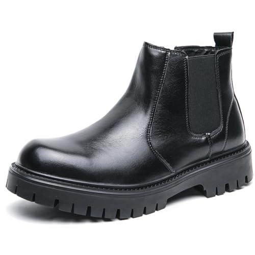 Men’s Leather Platform Chelsea Boots Classic Round Toe Lug Sole Elastic Slip-On Warm Ankle Boots Casual Business Office Dress Boots