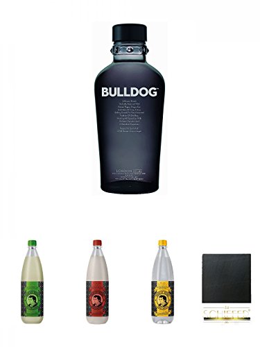 Bulldog London Gin 0,7 Liter + Thomas Henry Bitter Lemon 1,0 Liter + Thomas Henry Spicy Ginger 1,0 Liter + Thomas Henry Tonic Water 1,0 Liter + Schiefer Glasuntersetzer eckig ca. 9,5 cm Durchmesser