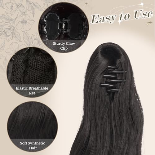 FESHFEN Ponytail Extensions 20 inch Long Wave Ponytail Claw Clip in Pony Tail Hair Extensions Wavy Ponytails with Claw Clip Synthetic Hairpieces for Women Girls Natural Black - Image 3